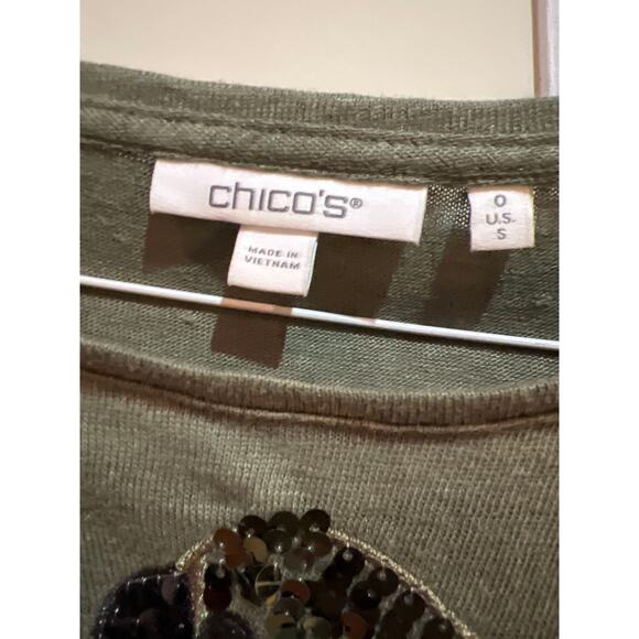 Chicos 100% Linen Green Sequined Parrot Cropped Tshirt Boho Tropical - Picture 5 of 6